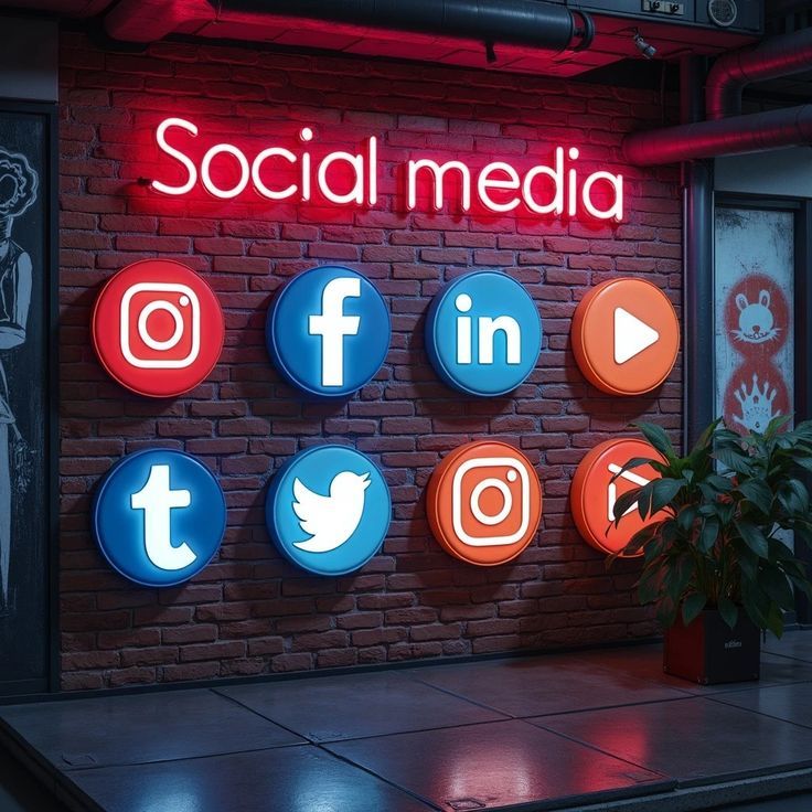 This vibrant social media wall features neon…